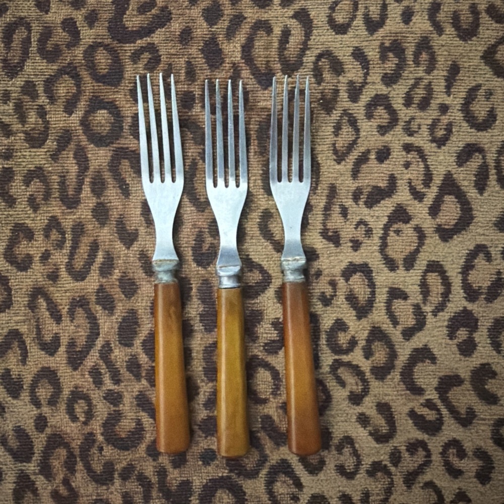 Firth Stainless Steel Bakelite Butterscotch Lot Of 3 Forks Thin‎ Prong VTG